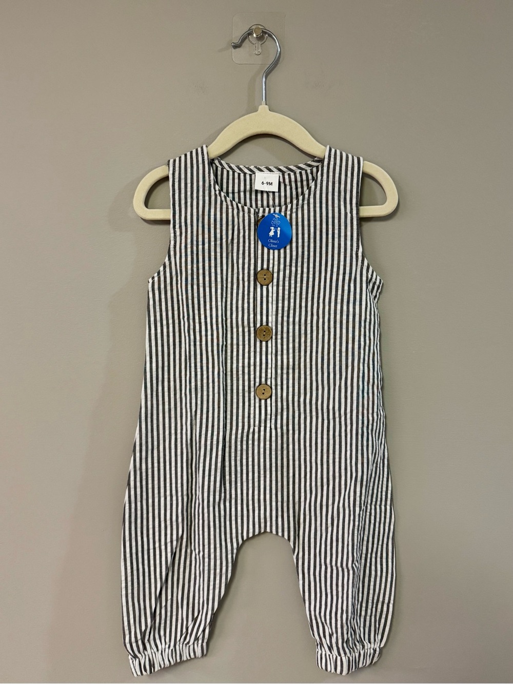 Sleeveless Black & White Striped Baby Romper with Wooden Buttons